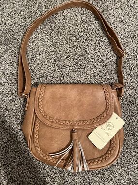 Braided Flap Crossbody Bag with Tassel - Tan